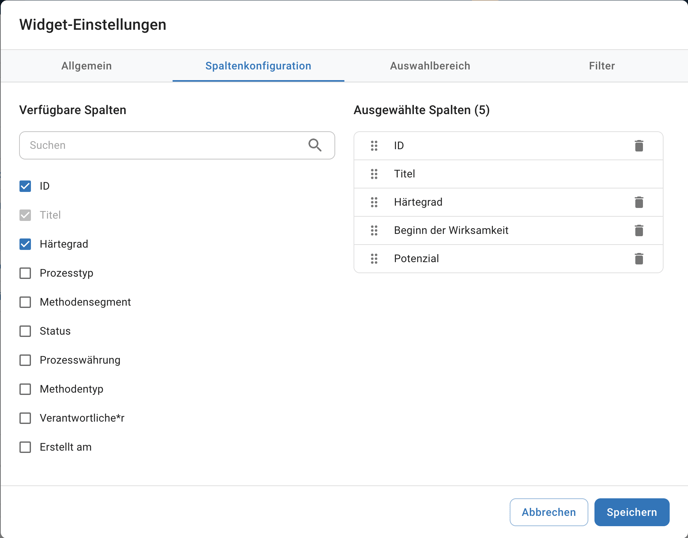 Widget-Einstellungen Prozessliste Spaltenkonfiguration